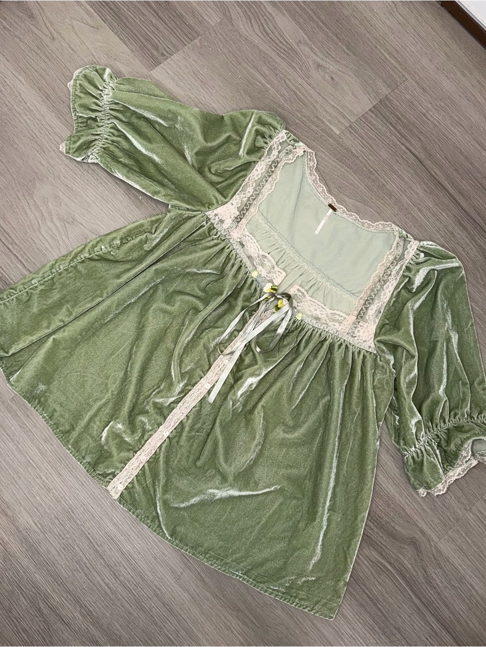 Free People Sage Green Velvet Blouse with Lace Trim - Picture 8 of 16